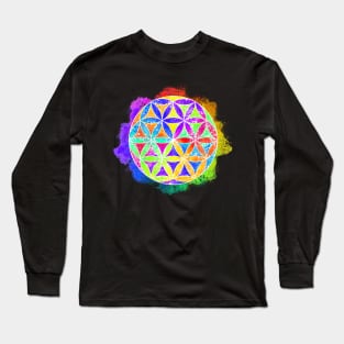 Rainbow Geometric Circle Flower Mandala - White Outline Long Sleeve T-Shirt